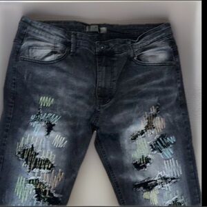 Crazy Color Stitch Designs On Distressed Black Stacked Jeans W/ Comfort Stretch